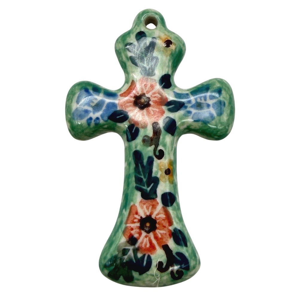 Polish Pottery Floral Ceramic tree ornament Wall Cross Hand Made in Poland